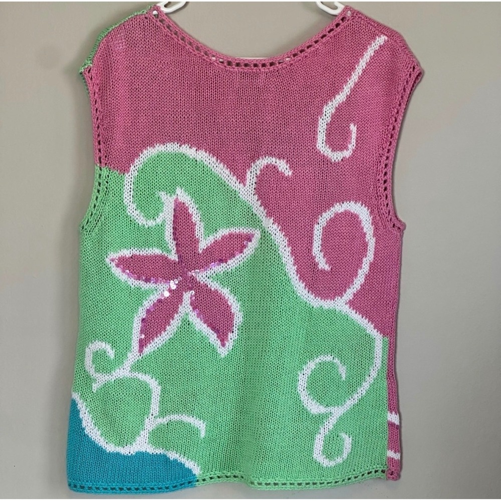Vintage Sigrid Olsen Y2K Linen Blend Knit Sleeveless Top L Floral Sequin Coastal - Picture 2 of 5